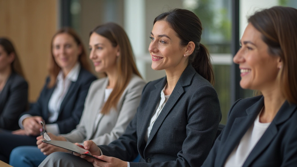 Diverse vrouwen van verschillende leeftijden zitten in professionele omgeving, glimlachen en luisteren naar elkaar in vergadering