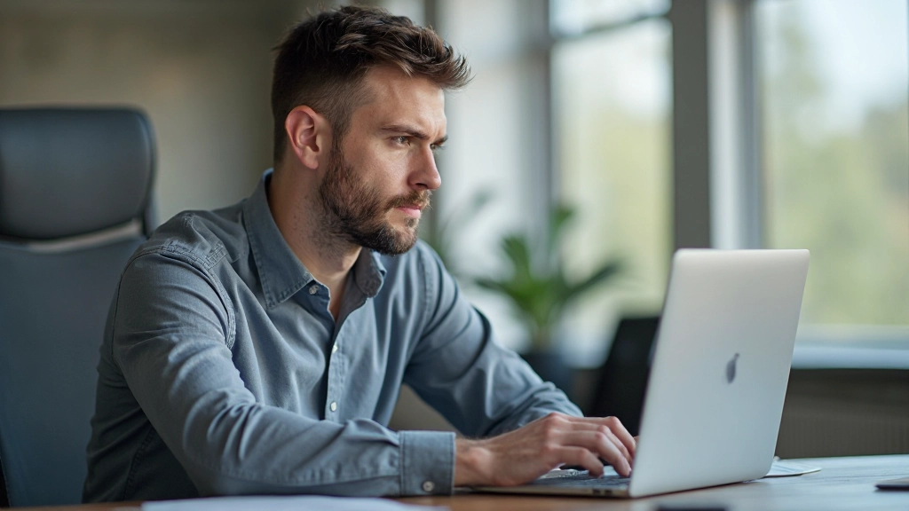 Professionele man zit aan bureau met laptop, concentreert zich op werk in moderne kantooromgeving met natuurlijk licht