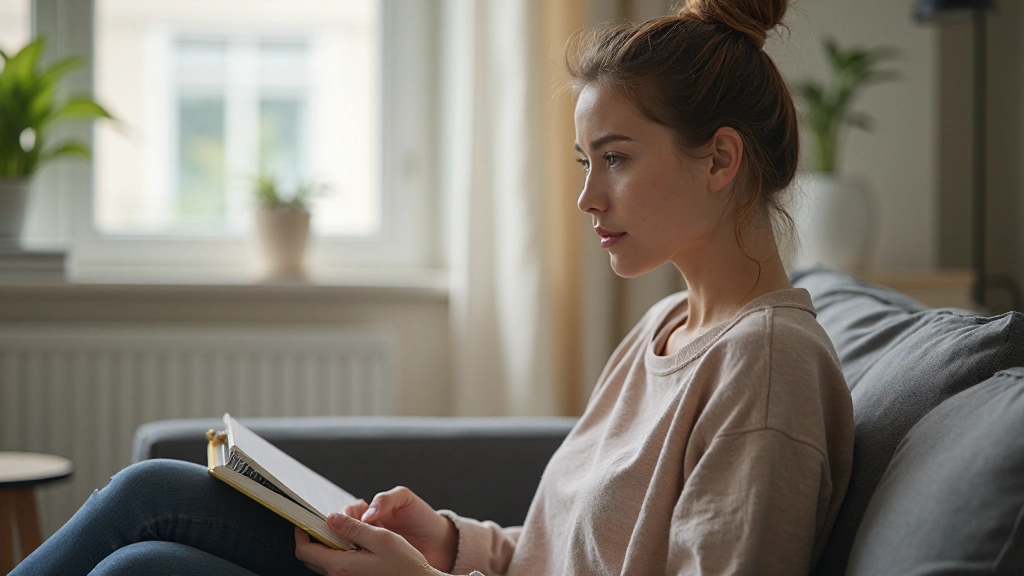 Iemand die op een bank zit met een boek en nadenkt, reflectie en zelfintrospectie in een rustige omgeving