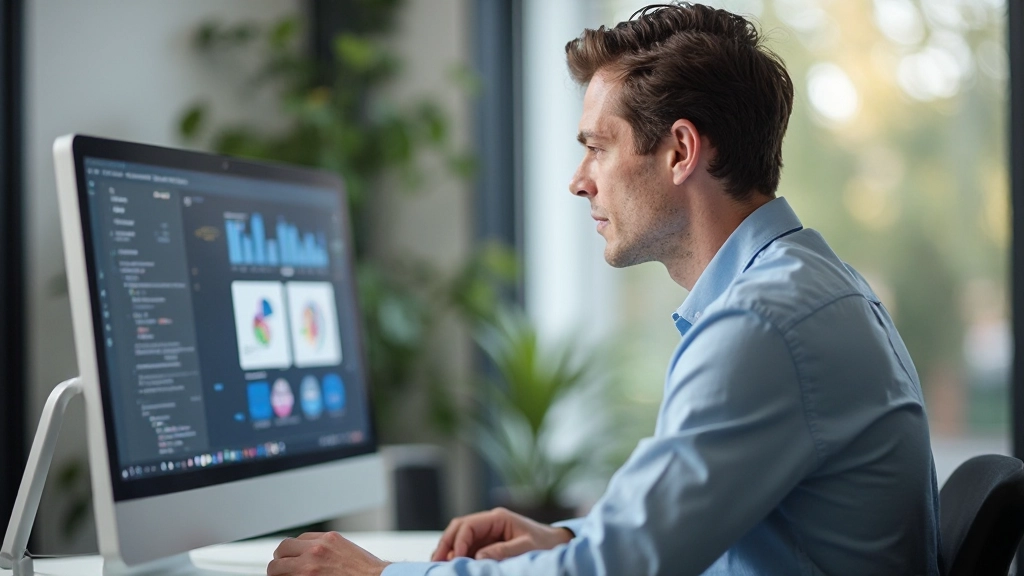 Persoon die aan een bureau zit met grafieken en statistieken op het scherm, concentreren op werk in professionele omgeving