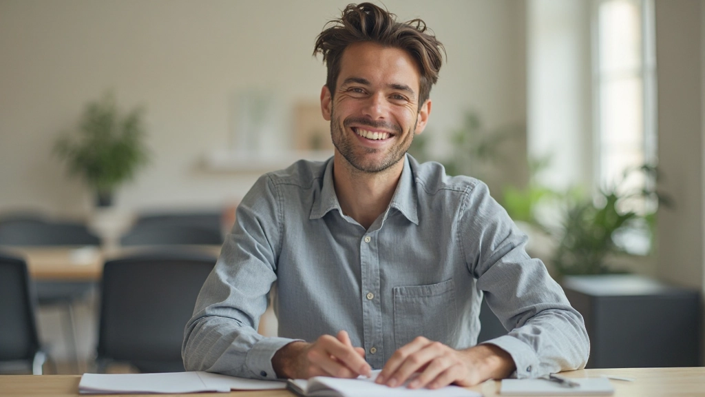 Inspirerend moment waar iemand met blijdschap een nieuw inzicht heeft en glimlacht naar een notitieboekje met doelstellingen