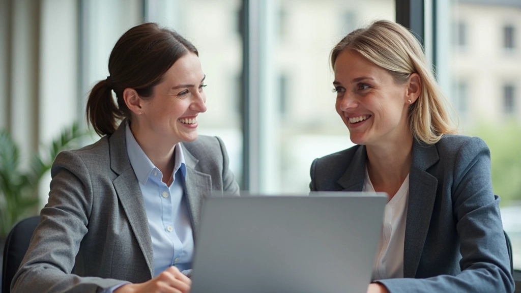 Professionele foto van twee collega's die een constructief gesprek voeren in een modern kantoor met natuurlijke verlichting