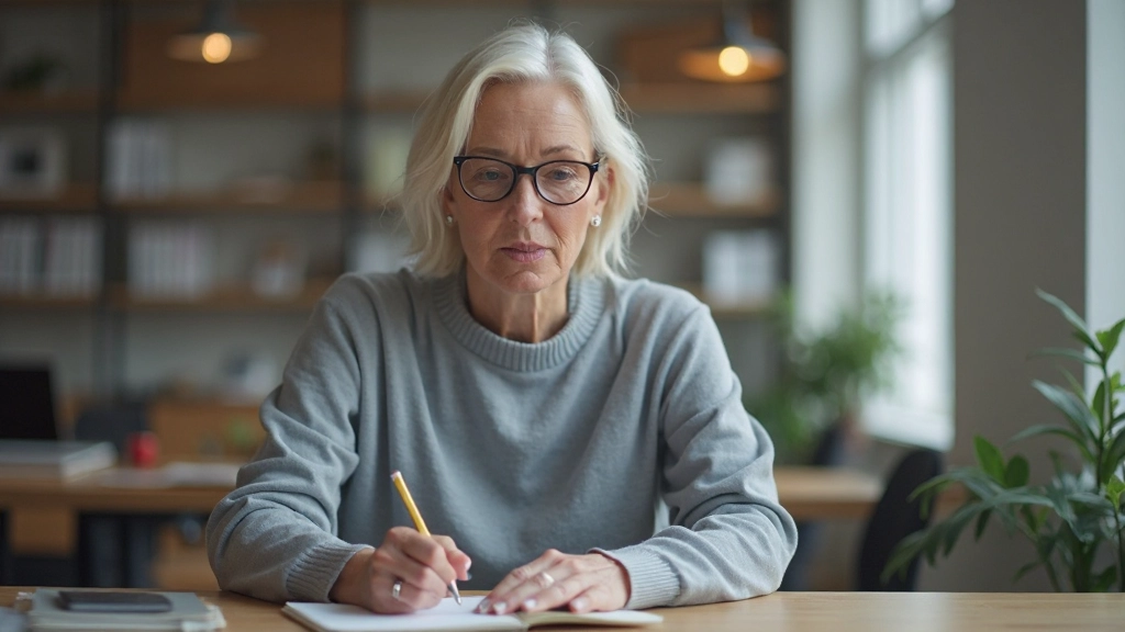 Professionele foto van realistische vrouw van 40 jaar, volledig gekleed in casual kantoorkleding, zittend aan bureau, notities makend, concentratie uitstralend, modern kantoor, natuurlijk licht, onscherpe achtergrond, GEEN tekst, GEEN watermerk